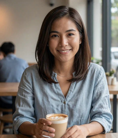 Asian woman in casual outfit smiling at a cafe representing typical NaomiDate member profile