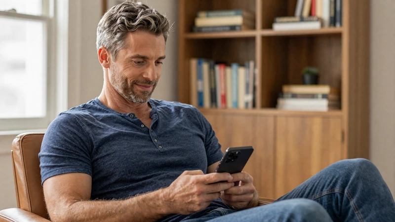 Man in his 50s browsing dating apps on his phone at home with warm natural lighting