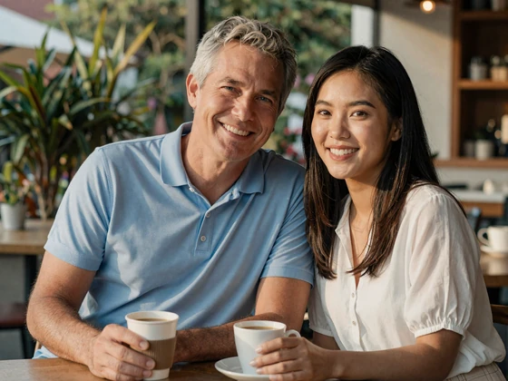 Happy intercultural couple with visible age difference enjoying coffee together at an outdoor cafe
